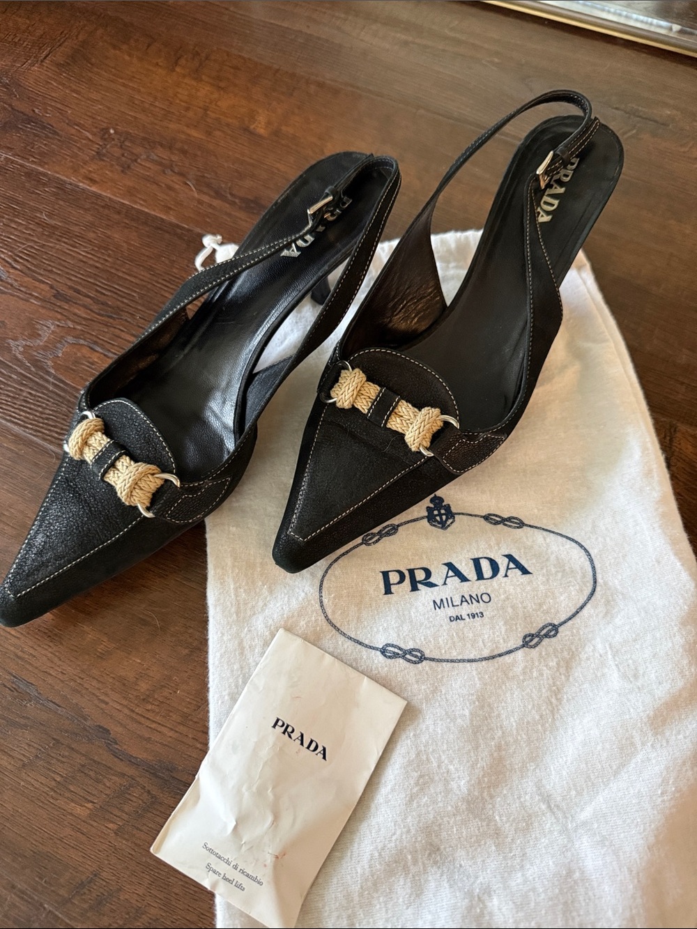 Vintage PRADA Black Leather Slingback Pumps with Rope Detail, size 38 1/2